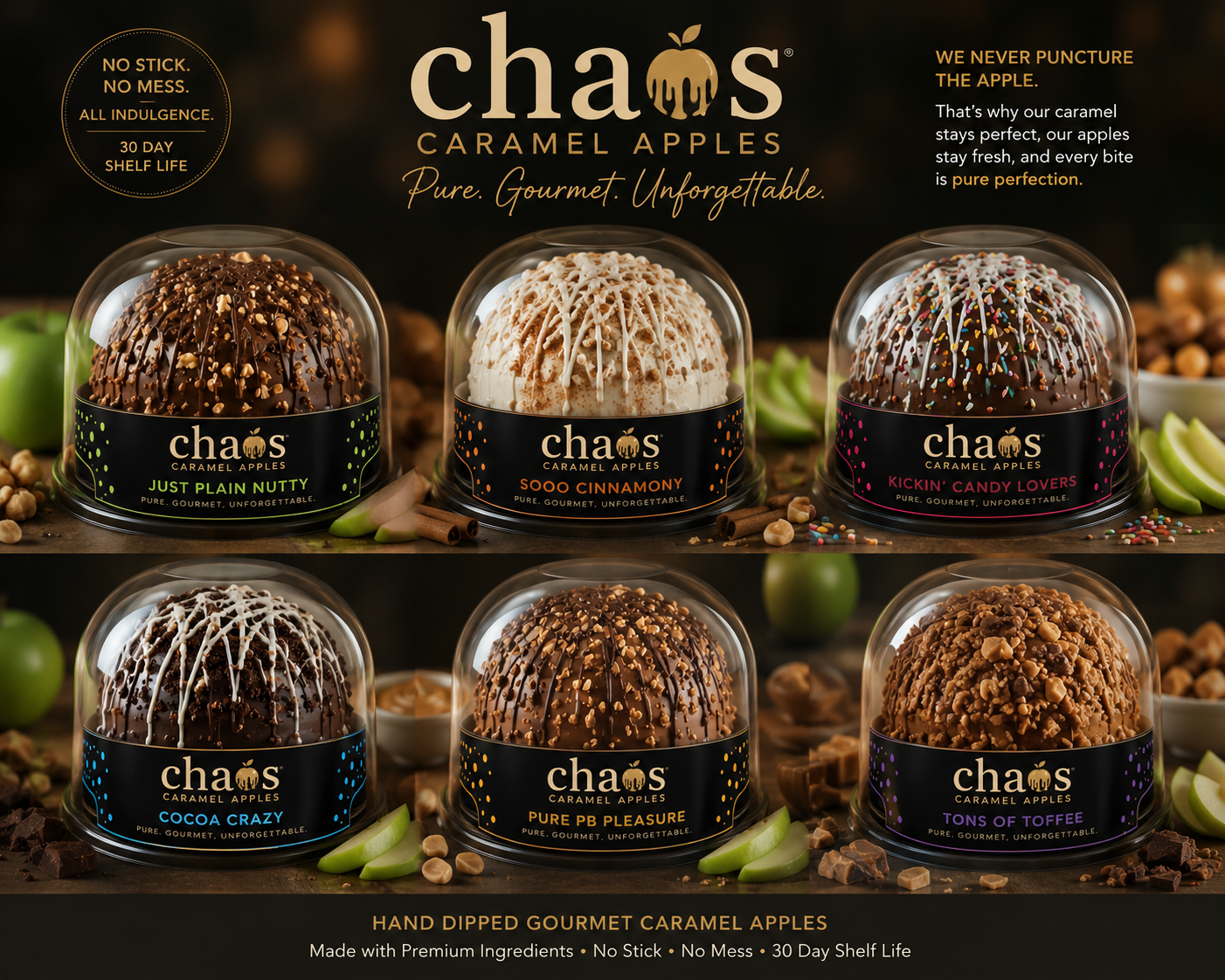 Chaos handcrafted stickless caramel apples on walnut and marble